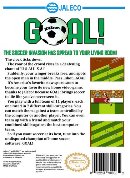 Goal! cartridge for the Nintendo Entertainment System featuring 8 bit soccer gameplay with international teams fast paced matches and arcade style sports action back cover