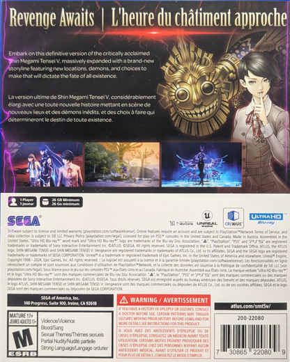 Shin Megami Tensei V Vengeance PS5 game featuring turn-based JRPG combat, demon fusion mechanics, and dark post-apocalyptic storytelling on PlayStation 5 back cover