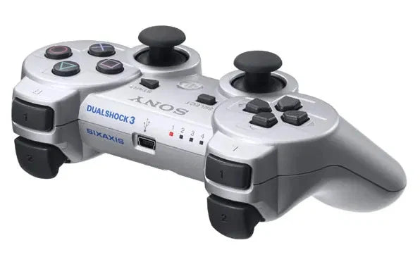 PlayStation 3 PS3 DualShock 3 Controller OEM Silver original Sony wireless game controller featuring pressure-sensitive buttons analog sticks vibration feedback Sixaxis motion sensing USB charging rechargeable battery silver finish and classic PlayStation 3 PS3 gaming accessory collectible appeal angle