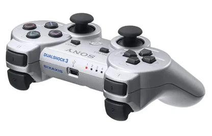 PlayStation 3 PS3 DualShock 3 Controller OEM Silver original Sony wireless game controller featuring pressure-sensitive buttons analog sticks vibration feedback Sixaxis motion sensing USB charging rechargeable battery silver finish and classic PlayStation 3 PS3 gaming accessory collectible appeal angle