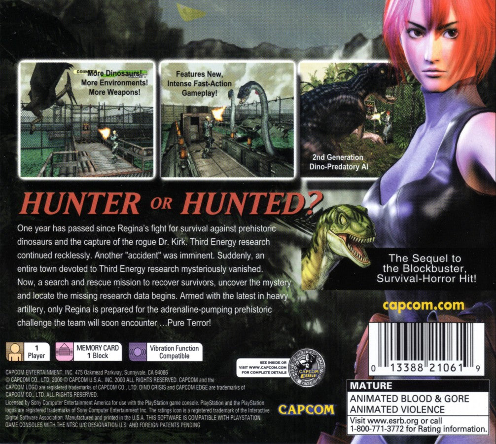 Dino Crisis 2 PS1 PlayStation 1 survival horror action game dinosaur shooter Capcom arcade style combat Regina third person adventure retro video game  back cover art