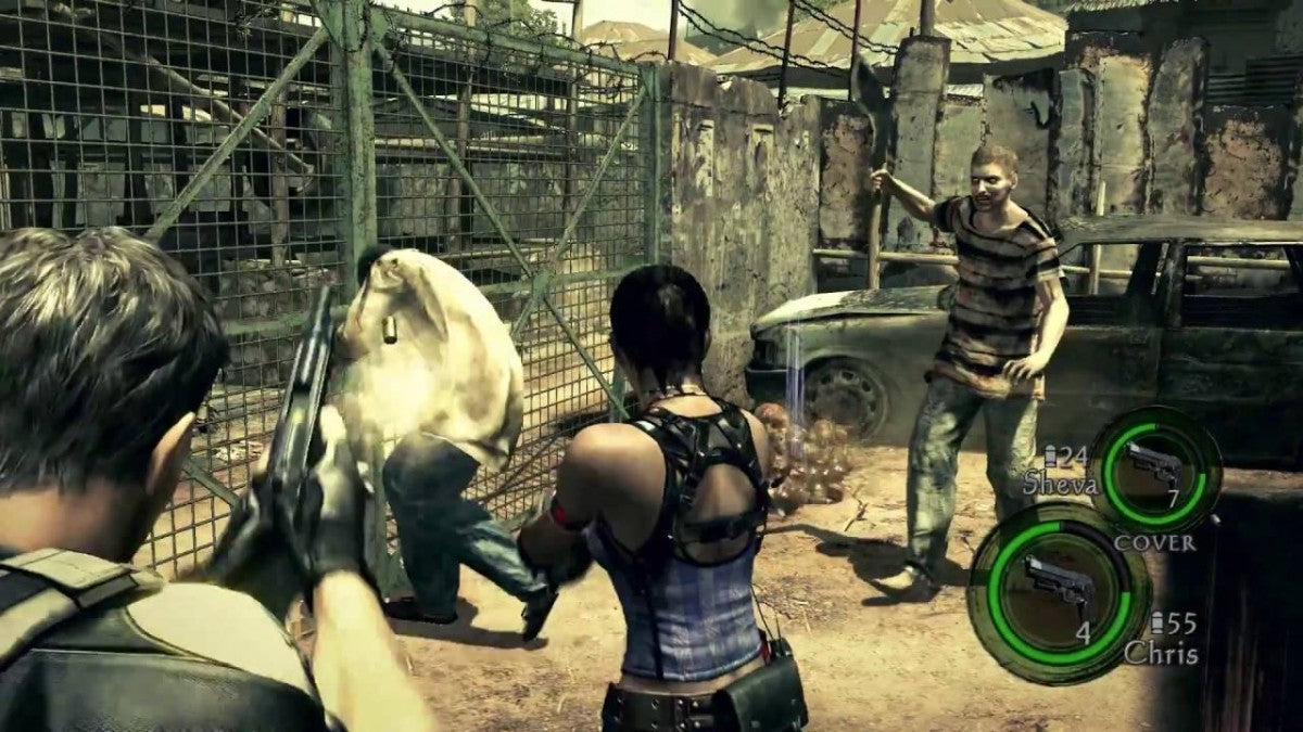 Resident Evil 5 PlayStation 4 game featuring third person action horror gameplay cooperative multiplayer campaign Chris Redfield and Sheva Alomar story intense combat upgraded HD graphics and survival horror experience by Capcom gameplay
