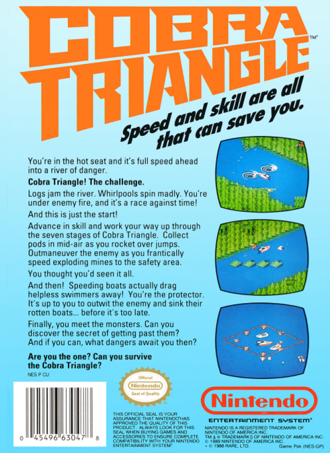 Cobra Triangle back of box for Nintendo Entertainment System NES retro video game