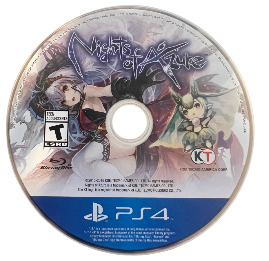 Nights of Azure retro PlayStation 4 video game featuring fantasy action RPG combat, anime style storytelling, supernatural battles and gothic adventure - disc