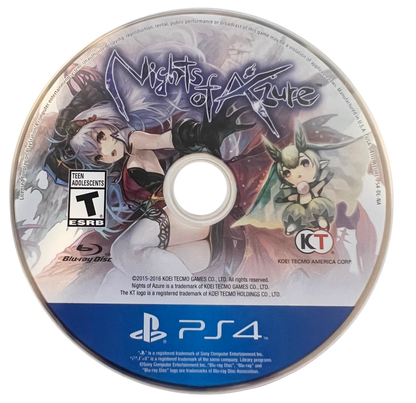 Nights of Azure retro PlayStation 4 video game featuring fantasy action RPG combat, anime style storytelling, supernatural battles and gothic adventure - disc