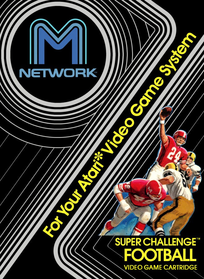 Super Challenge Football Atari inspired design featuring classic football sports gameplay aesthetic vintage gridiron action pixel graphics competitive head to head matches retro score chasing excitement early home console gaming nostalgia Atari presentation front cover