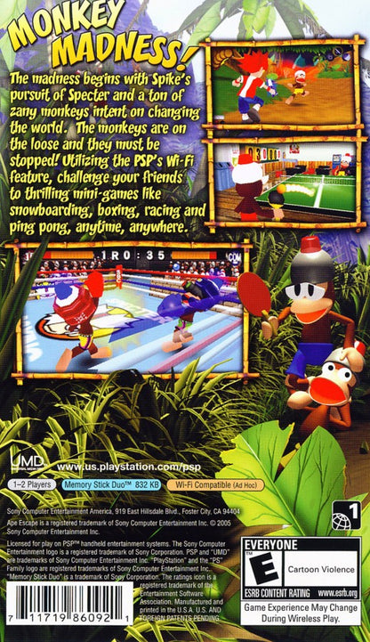 Ape Escape: On the Loose – PlayStation Portable (PSP) back of case for action-platformer video game