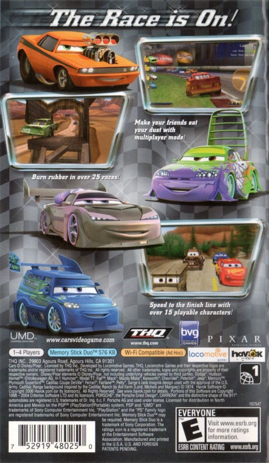Disney Pixar Cars – PlayStation Portable (PSP) back of case for racing adventure video game