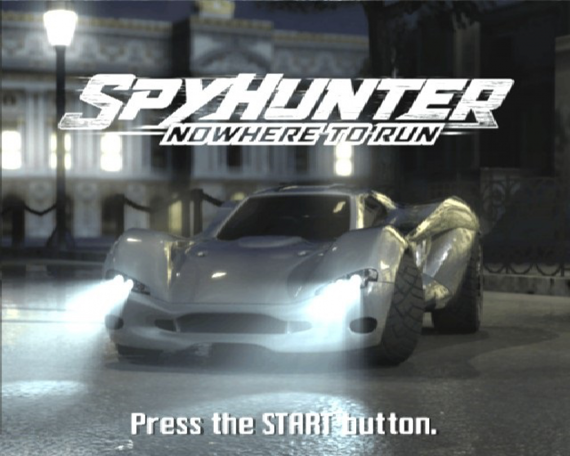 Spy Hunter Nowhere to Run PlayStation 2 PS2 for action driving video game fans featuring high speed vehicular combat spy missions explosive weapons intense car chases third person action cinematic gameplay stealth operations and arcade style excitement collectible gaming appeal start screen