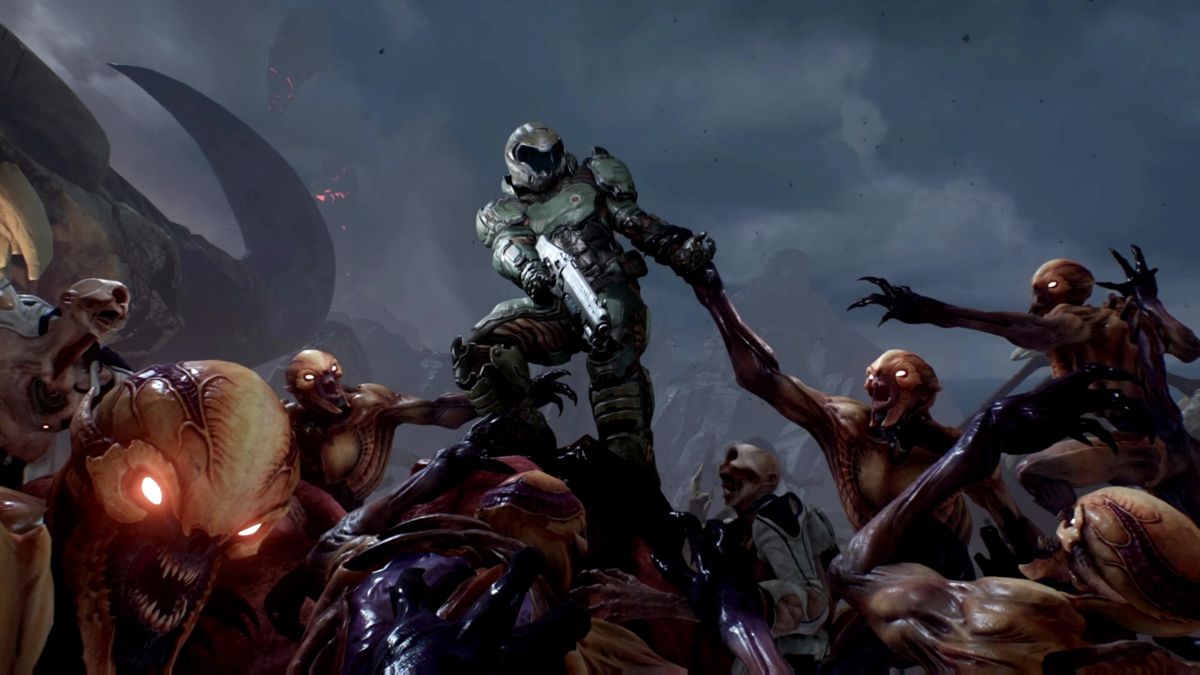 DOOM PS4 game featuring fast-paced first-person shooter action, intense demon-slaying combat, and visceral single-player and multiplayer gameplay