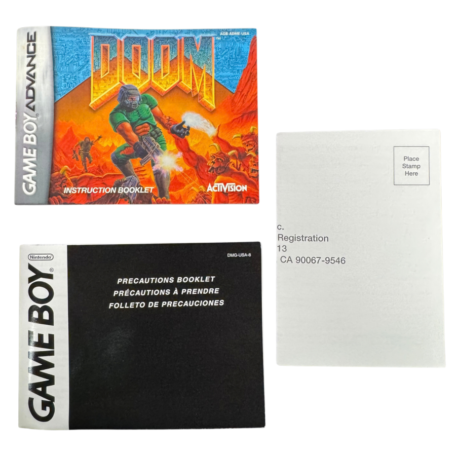 Doom CIB Nintendo Game Boy Advance GBA video game featuring classic first person shooter gameplay demon combat weapons action packed levels Mars exploration intense enemy encounters and retro shooting action complete in box CIB edition Game Boy Advance collection collectible gaming appeal manuals
