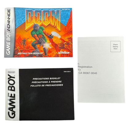 Doom CIB Nintendo Game Boy Advance GBA video game featuring classic first person shooter gameplay demon combat weapons action packed levels Mars exploration intense enemy encounters and retro shooting action complete in box CIB edition Game Boy Advance collection collectible gaming appeal manuals