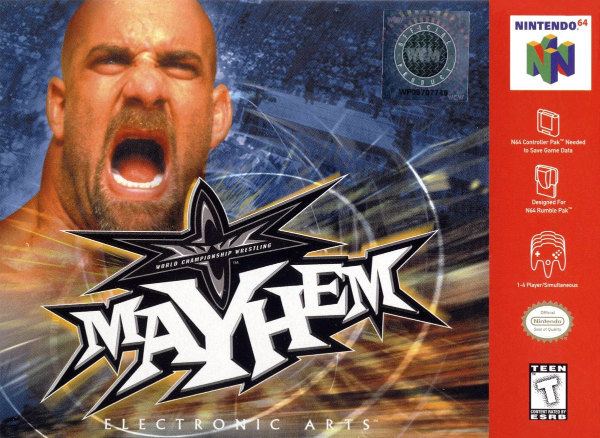 WCW Mayhem Nintendo 64 N64 video game featuring professional wrestling gameplay WCW superstars championship matches signature wrestling moves grappling attacks finishing moves ring combat backstage areas pay per view events and classic 64 bit Nintendo wrestling action retro video game collection collectible gaming appeal
front cover art