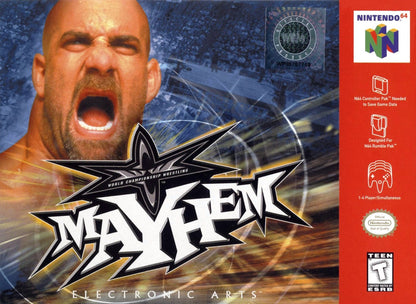 WCW Mayhem Nintendo 64 N64 video game featuring professional wrestling gameplay WCW superstars championship matches signature wrestling moves grappling attacks finishing moves ring combat backstage areas pay per view events and classic 64 bit Nintendo wrestling action retro video game collection collectible gaming appeal
front cover art