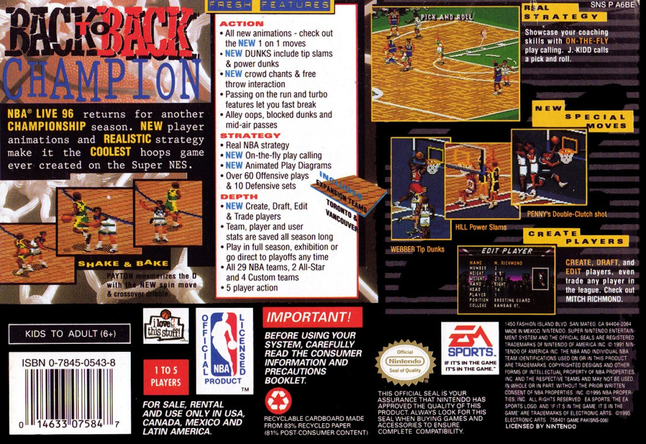 NBA Live 96 Super Nintendo Entertainment System SNES basketball simulation video game EA Sports full season mode box scores player rosters 90s sports video game back box cover
