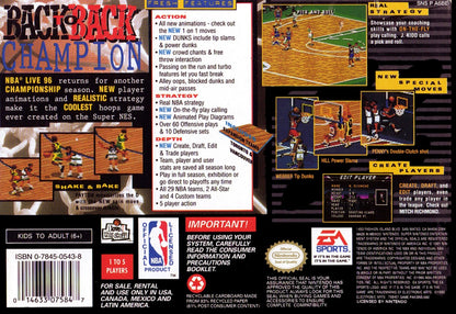NBA Live 96 Super Nintendo Entertainment System SNES basketball simulation video game EA Sports full season mode box scores player rosters 90s sports video game back box cover
