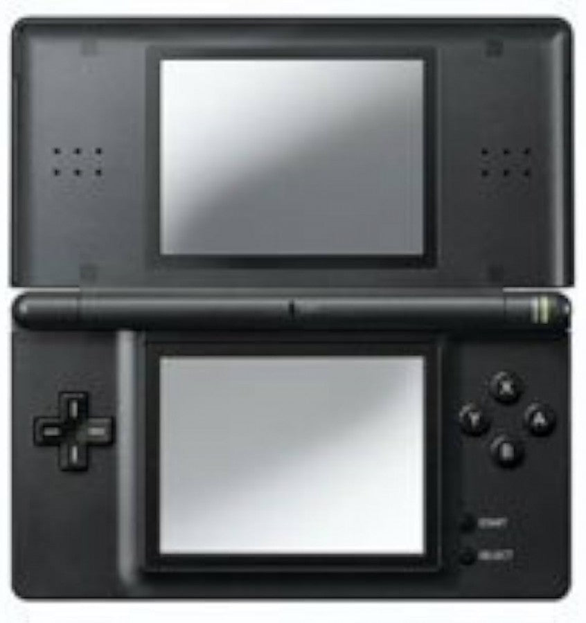 Nintendo DS Lite DSL handheld gaming system in black with dual screens touchscreen functionality and Game Boy Advance compatibility open flat