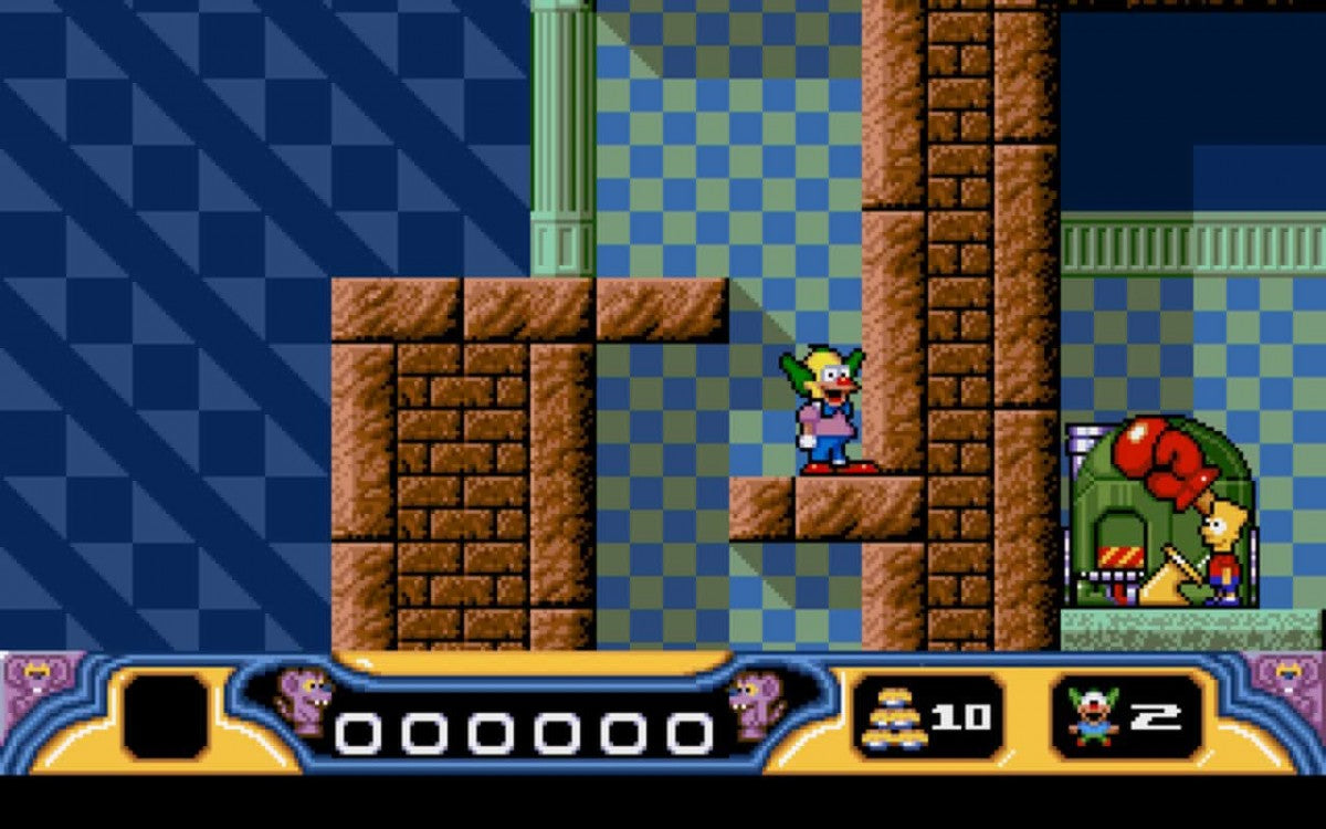 Krustys Super Fun House Super Nintendo Entertainment System SNES puzzle platformer video game Krusty the Clown The Simpsons license pest control maze building Acclaim cartoon license mice traps pie factory gameplay screenshot