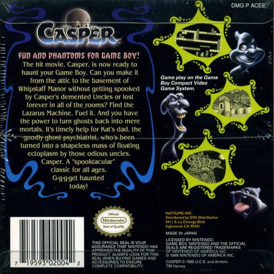 Casper Game Boy GB for retro video game enthusiasts featuring action adventure platforming gameplay friendly ghost adventures haunted mansion exploration puzzle solving family friendly challenges handheld gaming and collectible gaming appeal back cover