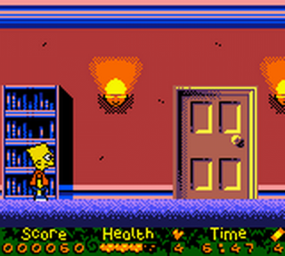 The Simpsons Night of the Living Treehouse of Horror for Game Boy Color, gameplay for a platformer video game with side-scrolling gameplay, Halloween-themed levels, character-based challenges, and cartoon-style action