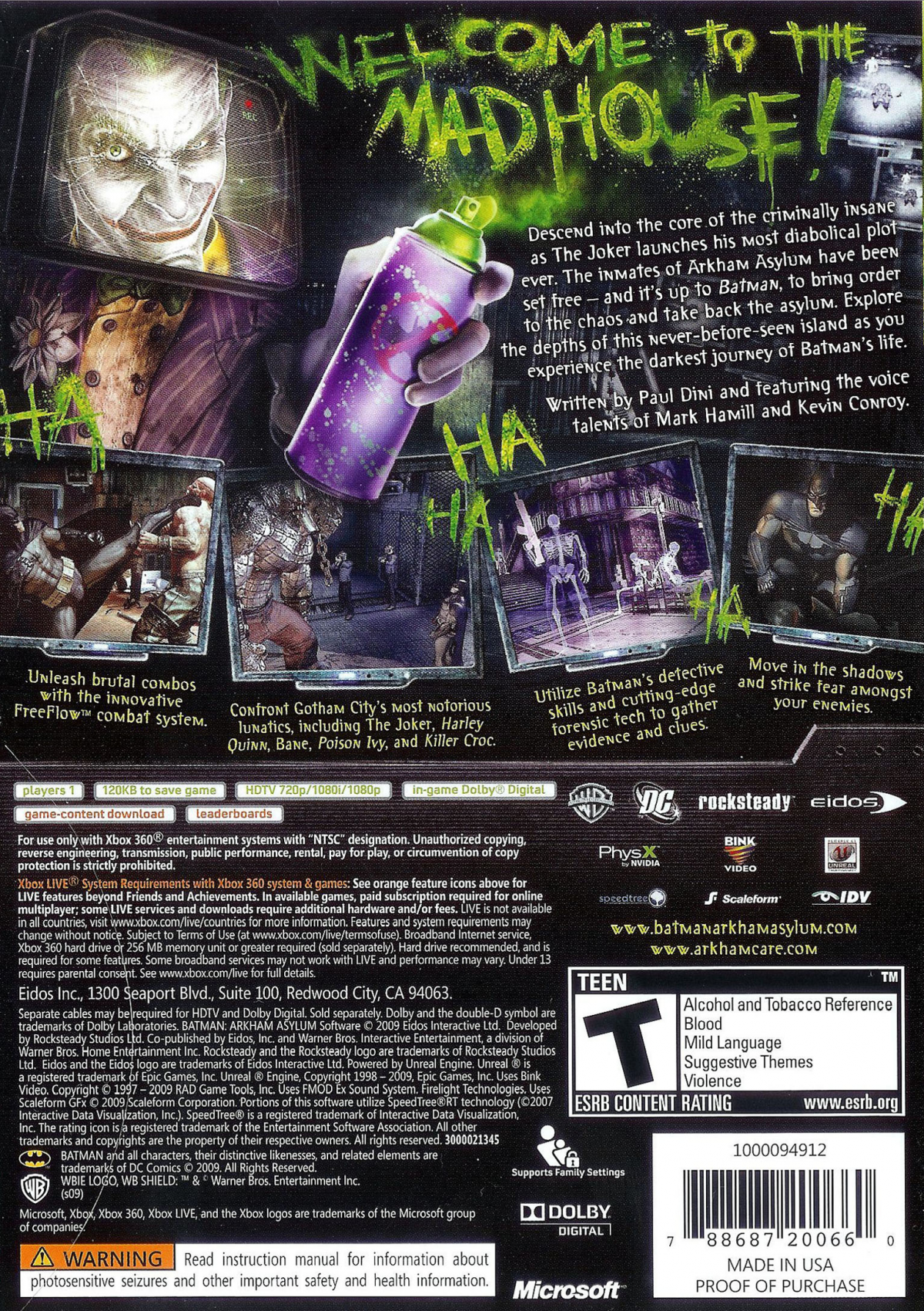 Retro Batman Arkham Asylum Xbox 360 inspired design featuring dark superhero action adventure aesthetic vintage HD era Gotham City atmosphere stealth combat predator gameplay Arkham Island asylum setting iconic DC Comics Batman experience nostalgic cinematic presentation back cover art 