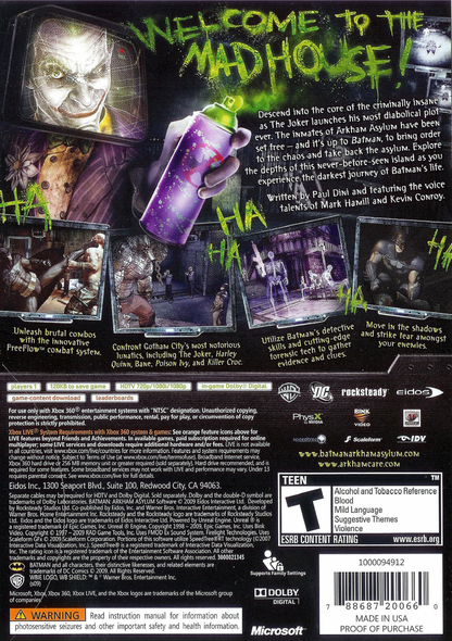 Retro Batman Arkham Asylum Xbox 360 inspired design featuring dark superhero action adventure aesthetic vintage HD era Gotham City atmosphere stealth combat predator gameplay Arkham Island asylum setting iconic DC Comics Batman experience nostalgic cinematic presentation back cover art 