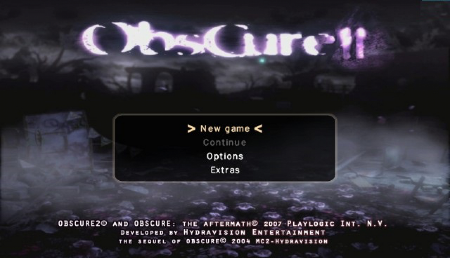 Obscure: The Aftermath start menu for Nintendo Wii (Wii) featuring survival horror gameplay and cooperative action adventure. 