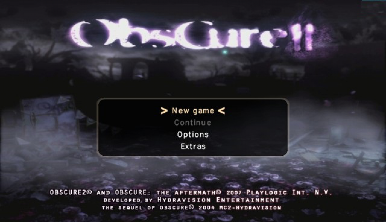 Obscure: The Aftermath start menu for Nintendo Wii (Wii) featuring survival horror gameplay and cooperative action adventure. 