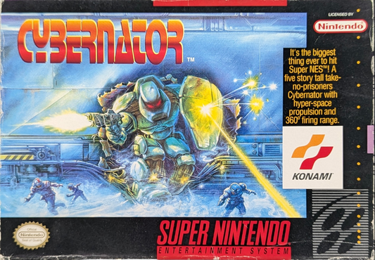 Cybernator Super Nintendo SNES side scrolling shooter mech action run and gun futuristic warfare robot combat platform shooting Konami classic retro 16 bit gaming Super Nintendo Entertainment System software video game title cover art 