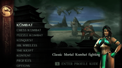 Mortal Kombat Unchained PlayStation Portable PSP fighting game port of Mortal Kombat Deception with exclusive characters arenas and ad-hoc multiplayer versus mode main menu game select screen
