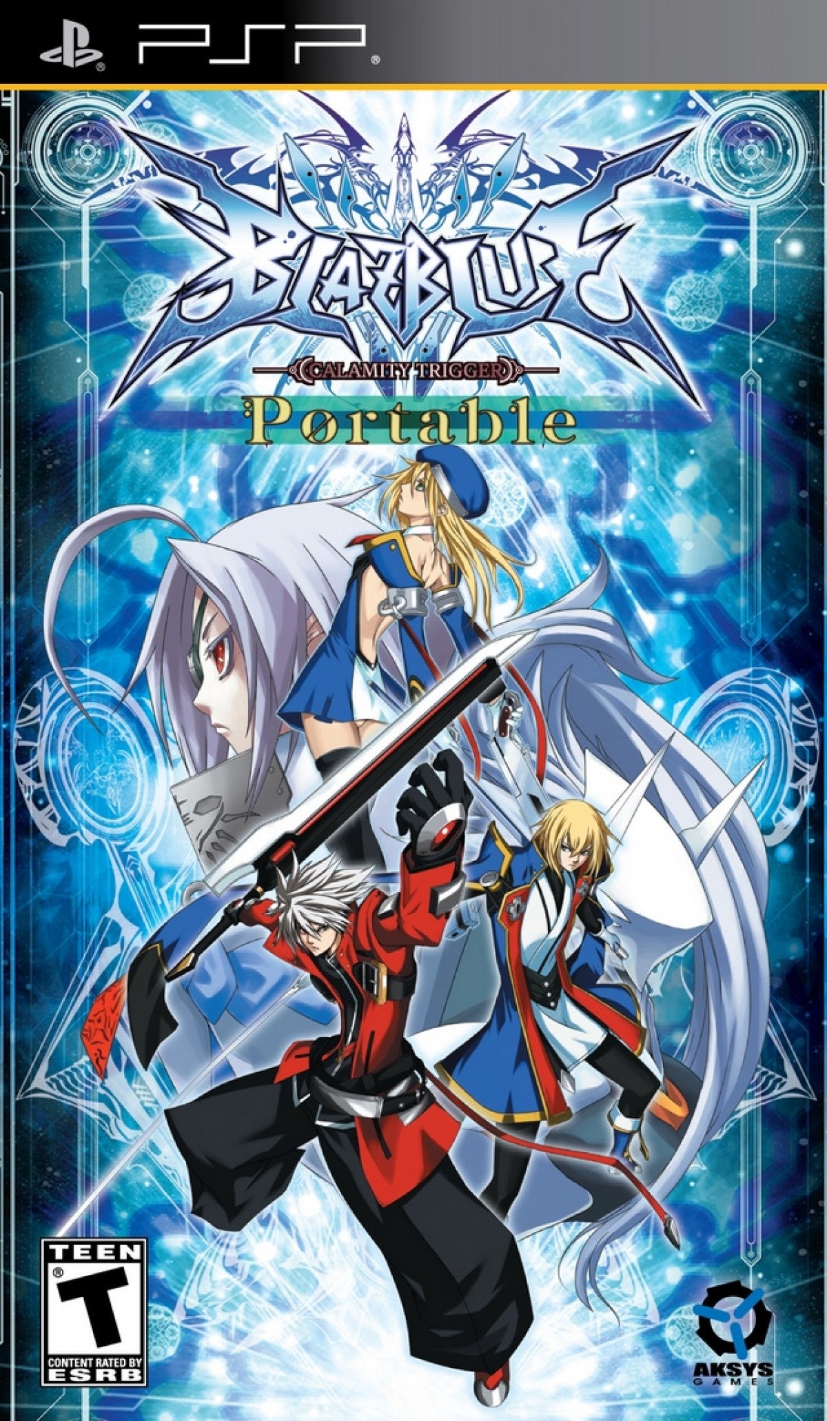 BlazBlue Calamity Trigger Portable UMD for the PlayStation Portable featuring 2D fighting gameplay with anime style visuals character specific abilities multiple modes including Arcade Versus and Story and fast paced one on one combat with a full roster adapted from the console version front cover