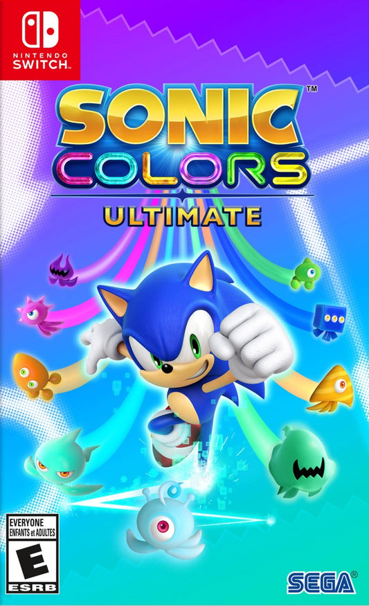 Sonic Colors Ultimate Nintendo Switch inspired design featuring high speed platform adventure aesthetic vibrant interstellar theme park environments colorful alien Wisps fast paced action gameplay enhanced visuals iconic Sonic the Hedgehog excitement modern gaming presentation front cover 