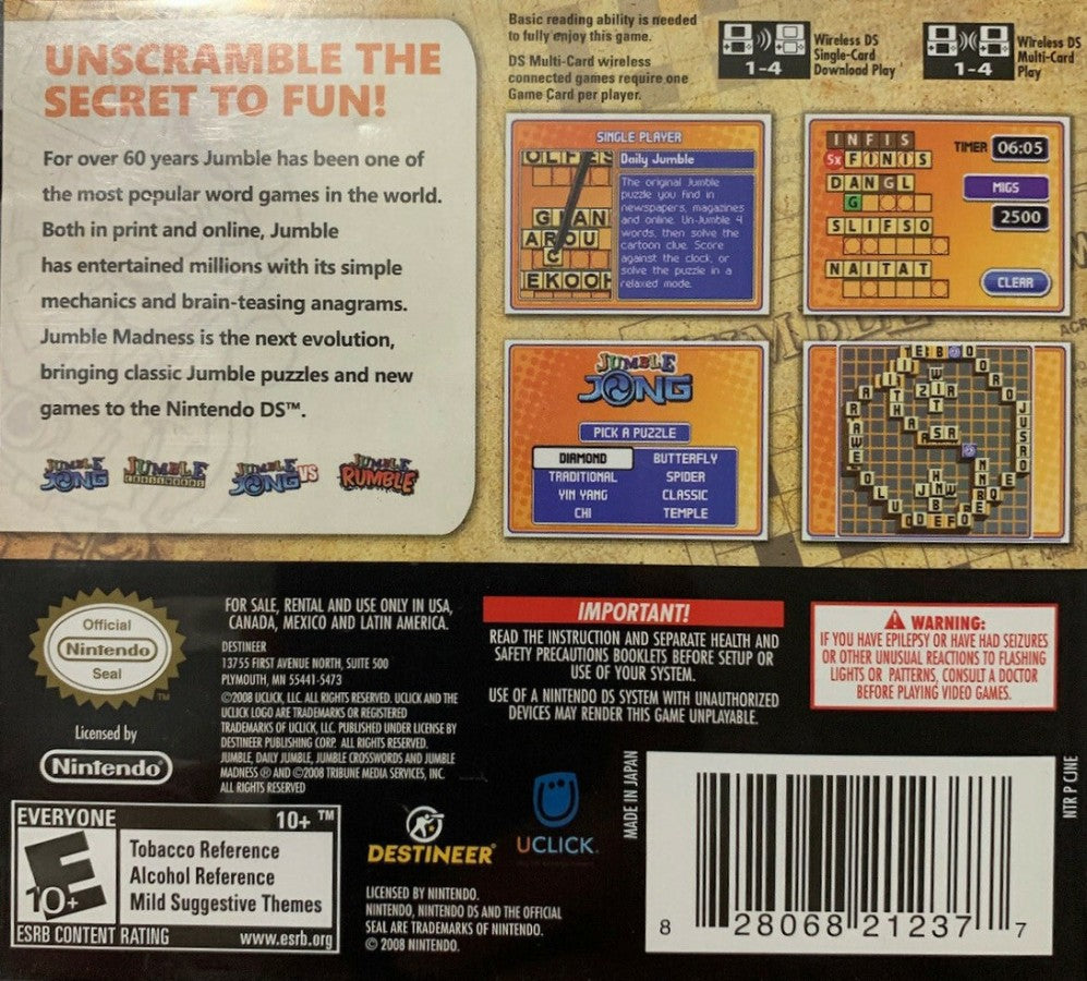 Jumble Madness back of case for Nintendo DS (DS) word puzzle video game