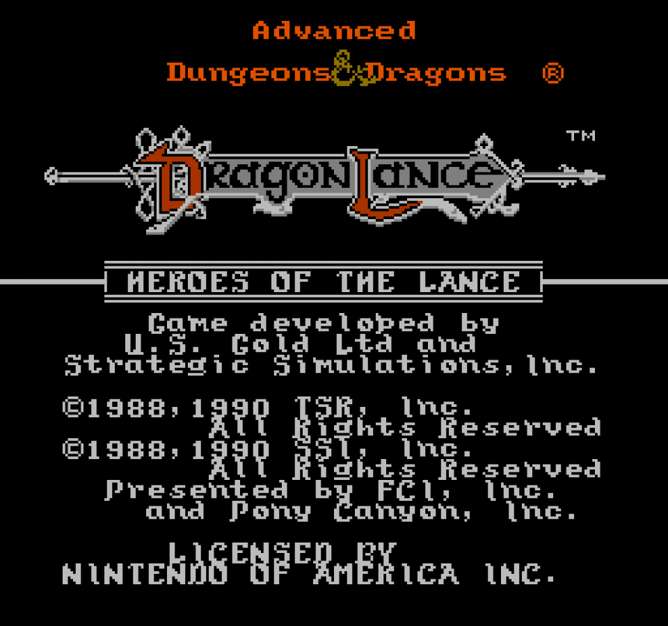 Heroes of the Lance Nintendo Entertainment System NES video game featuring fantasy role playing gameplay Dragonlance characters dungeon exploration party combat magic spells enemy battles and classic 8 bit adventure retro video game collection collectible gaming appeal start screen 