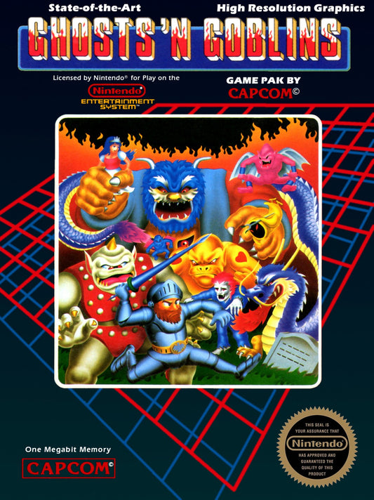 Ghosts 'n Goblins cartridge for the Nintendo Entertainment System featuring a challenging 8 bit side scrolling action platformer with knight Arthur battling hordes of demons and undead enemies cover art