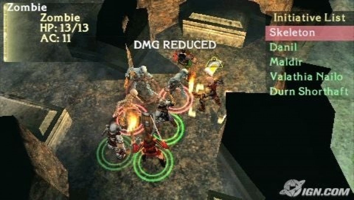 Dungeons & Dragons Tactics gameplay for PlayStation Portable (PSP) with two dragons on a brown background