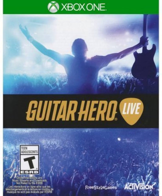 Guitar Hero Live Xbox One game featuring innovative live action concert gameplay, redesigned guitar controller support, and rhythm based music action front cover