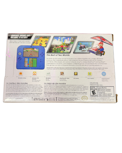 Nintendo 2DS Mario Kart 7 Bundle Electric Blue console featuring built-in Mario Kart 7 game, durable wedge design, and portable handheld gaming fun back of box