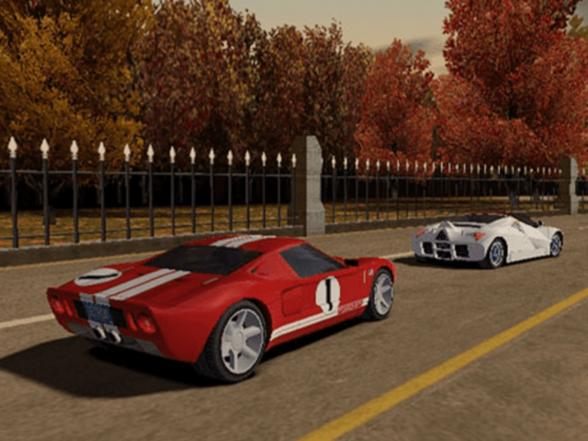 Two racing cars on a track with autumn trees in the background gameplay for Ford Racing 3 on Xbox Original