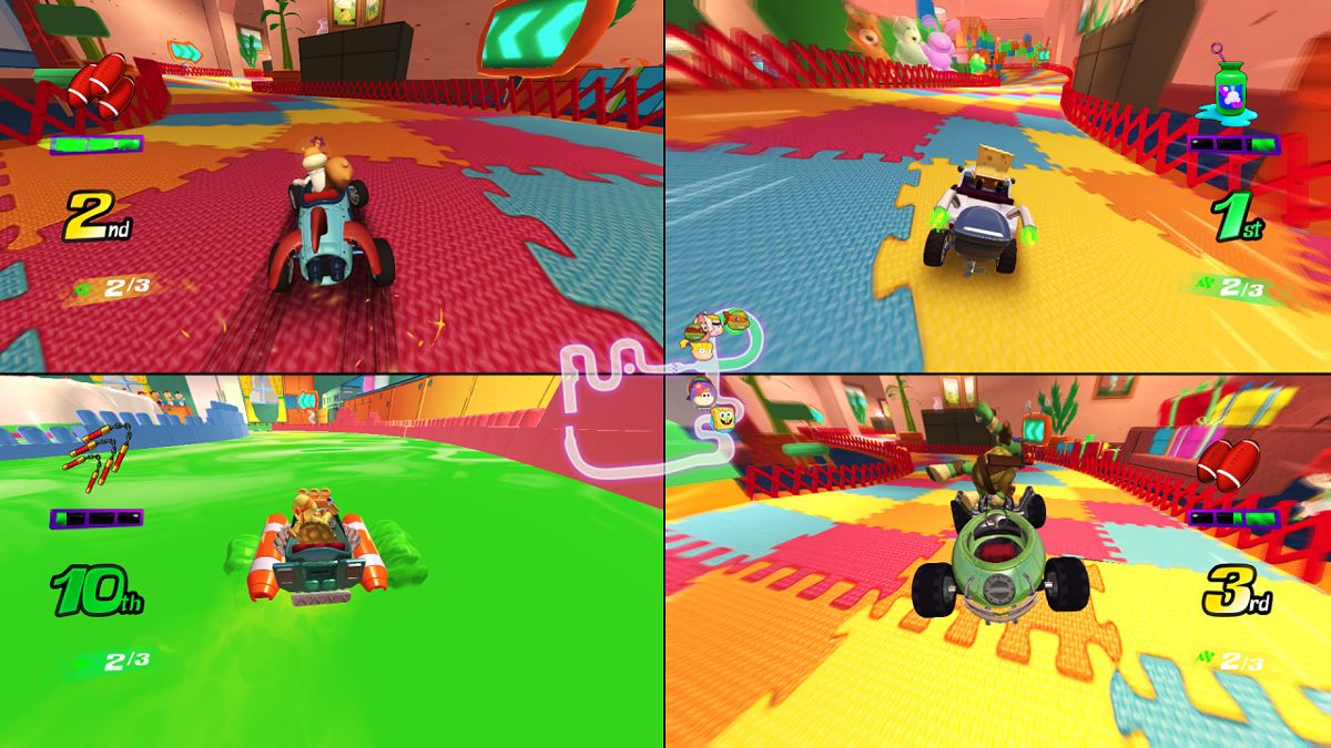 Nickelodeon Kart Racers PlayStation 4 PS4 arcade kart racing video game featuring SpongeBob SquarePants Teenage Mutant Ninja Turtles Rugrats Hey Arnold power-sliding drifting power-ups battle mode four player local multiplayer