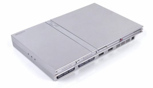 PlayStation 2 Slim PS2 Slim console in Silver Japanese region import includes third-party controller top front