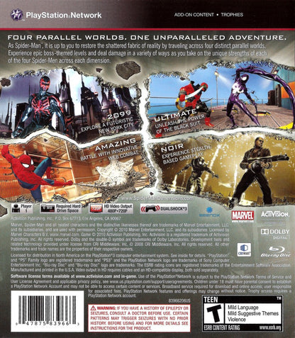 Spider-Man Shattered Dimensions PlayStation 3 action beat 'em up video game four Spider-Men universes Amazing Noir 2099 Ultimate Noir stealth Amazing brawler 2099 sci-fi Ultimate black suit collectibles boss battles back cover art