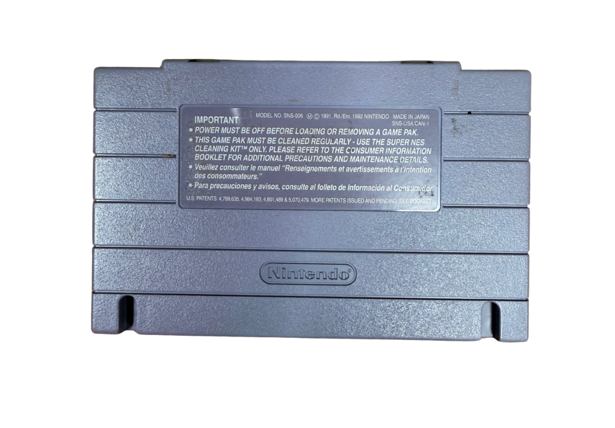 Cybernator Super Nintendo Entertainment System SNES action platformer video game featuring futuristic mech combat powerful weapons explosive battles enemy machines challenging stages science fiction environments and classic Super Nintendo Entertainment System SNES gameplay collectible retro gaming appeal back of cartridge
