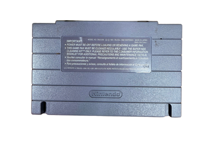 Cybernator Super Nintendo Entertainment System SNES action platformer video game featuring futuristic mech combat powerful weapons explosive battles enemy machines challenging stages science fiction environments and classic Super Nintendo Entertainment System SNES gameplay collectible retro gaming appeal back of cartridge