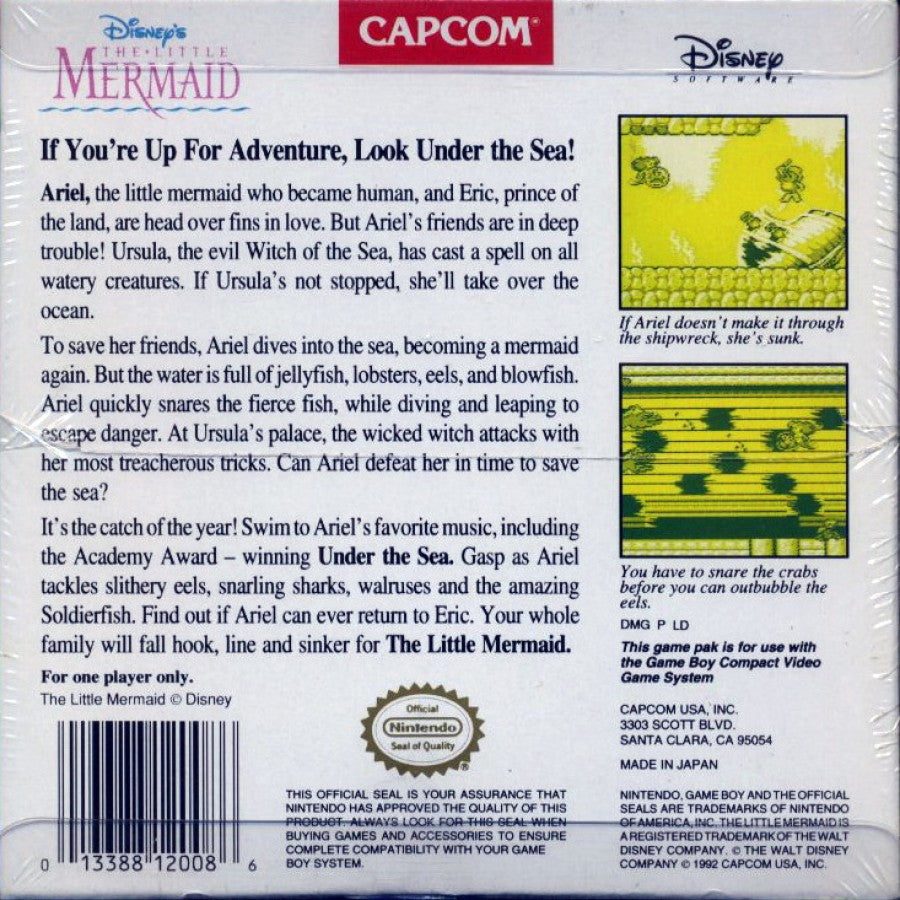 Disney's The Little Mermaid Nintendo Game Boy GB for retro video game enthusiasts featuring side scrolling action platforming gameplay underwater adventures Ariel inspired levels colorful Disney characters classic handheld gaming and collectible gaming appeal back cover art