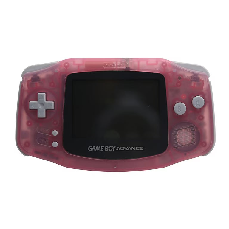 Fuchsia Pink Game Boy Advance console featuring original horizontal handheld design vibrant pink shell uses AA batteries compatible with Game Boy and Game Boy Color cartridges and classic Nintendo portable gaming system front of screen