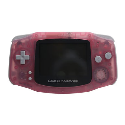 Fuchsia Pink Game Boy Advance console featuring original horizontal handheld design vibrant pink shell uses AA batteries compatible with Game Boy and Game Boy Color cartridges and classic Nintendo portable gaming system front of screen