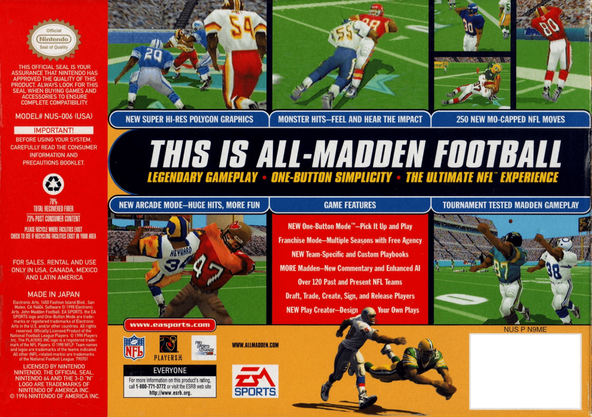 Madden NFL 99 back cover art for Nintendo 64 N64 video game