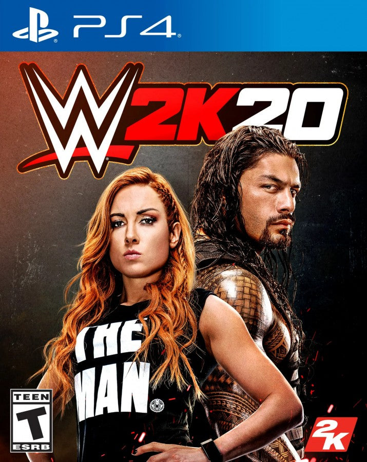 WWE 2K20 PlayStation 4 PS4 for retro video game enthusiasts featuring professional wrestling gameplay authentic WWE Superstars and Legends signature moves realistic ring action MyCAREER mode creation suite showcase matches multiplayer competition and collectible gaming appeal front cover  