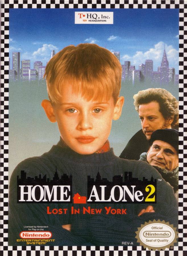 Home Alone 2 Lost in New York Nintendo Entertainment System NES for retro video game enthusiasts featuring action platforming gameplay movie inspired adventure trap setting mechanics enemy avoidance holiday themed challenges classic 8 bit gaming and collectible gaming appeal front cover